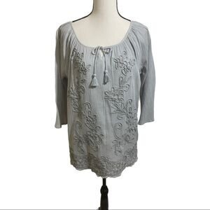 Soft surroundings embroidery cotton 3/4 sleeve top size Small